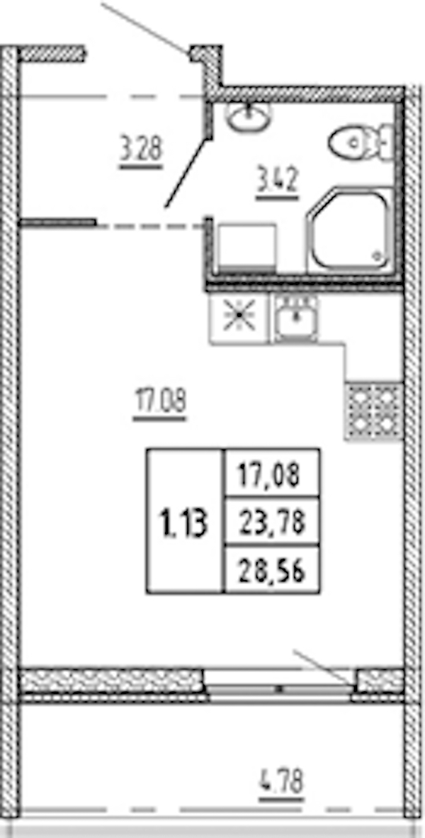 Квартира студия 23.78 м², 4/22 эт., ЖК «Новые горизонты 2»